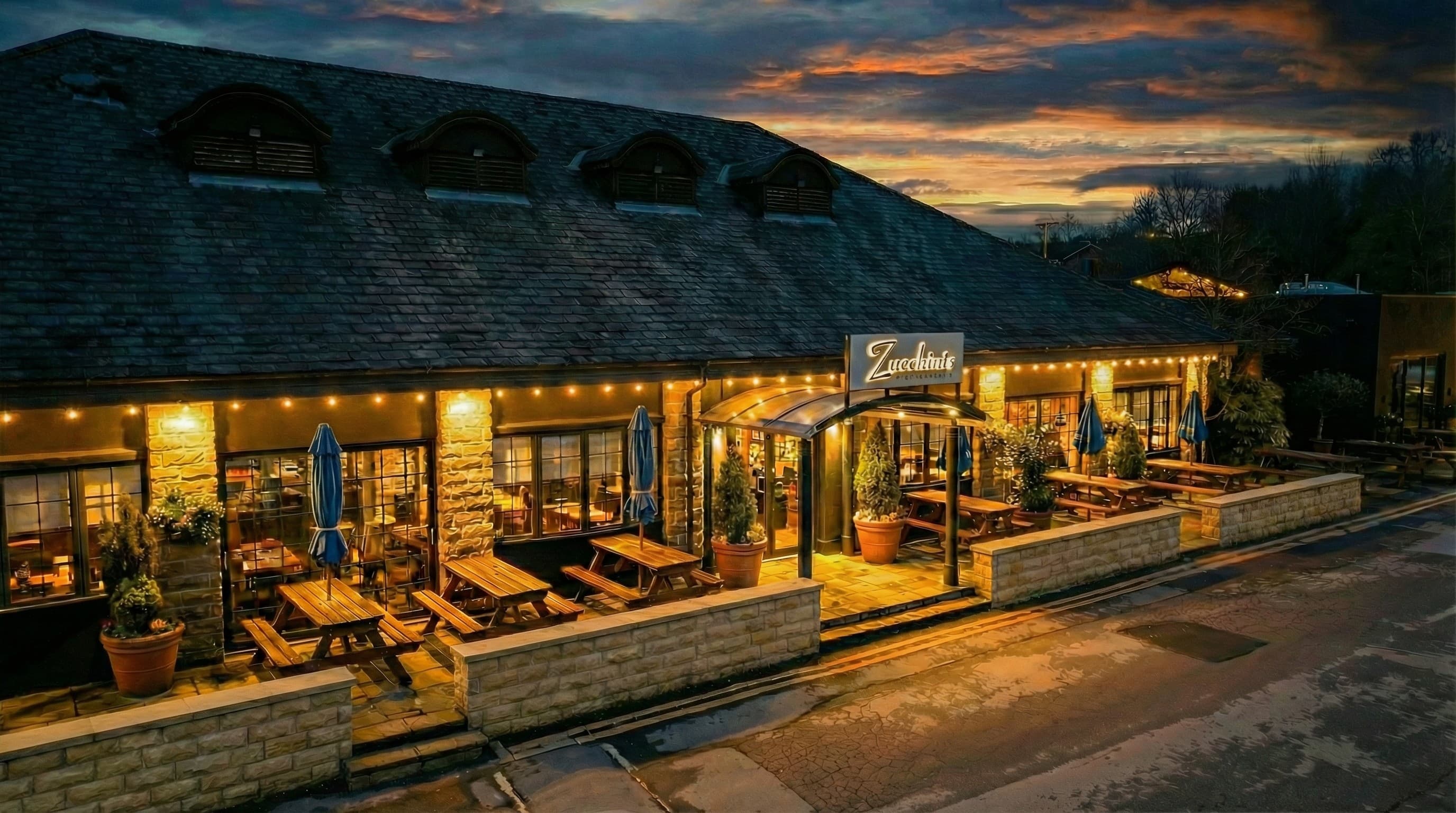 Zucchinis Ristorante Italiano illuminated at dusk